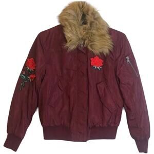 Ultim8 Brand burgundy faux fur collar rose appliqué bomber Jacket Juniors Sz L